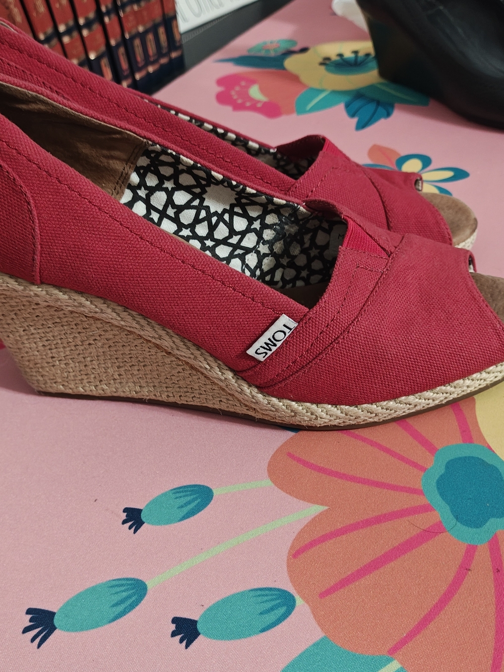 TOMS Red Canvas Wedge Peep-Toe Espadrille Women's Shoes